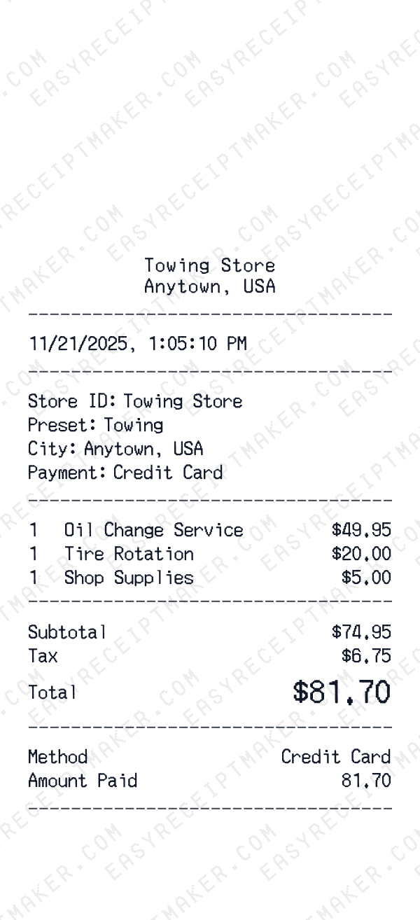 Towing receipt preview