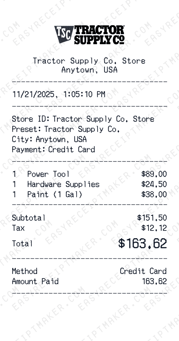 Tractor Supply Co. receipt preview
