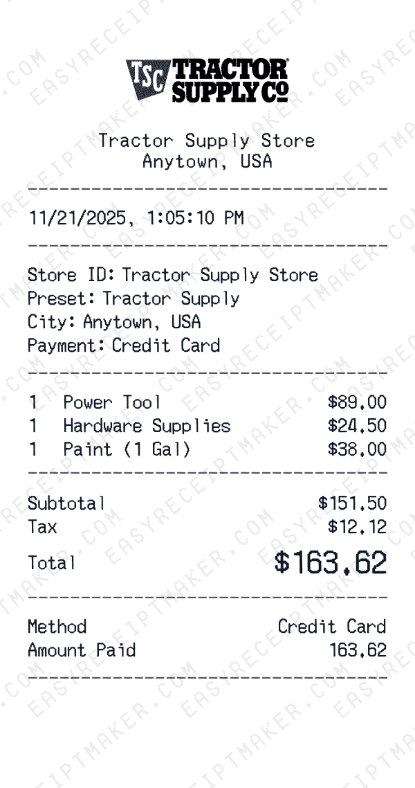 Tractor Supply receipt preview