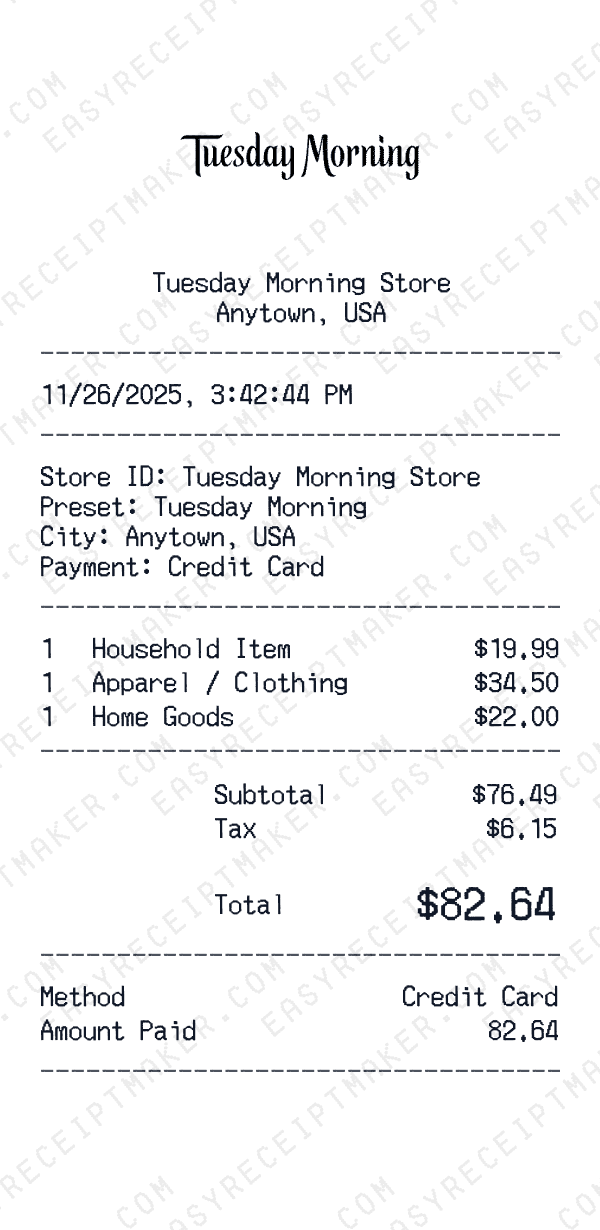 Tuesday Morning receipt preview