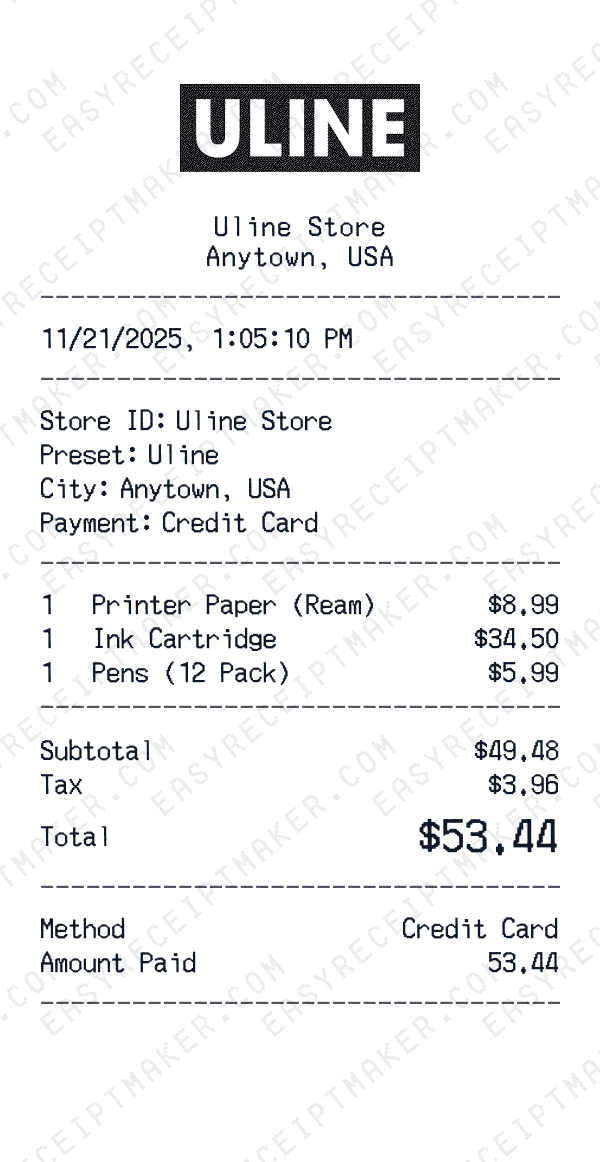 Uline receipt preview