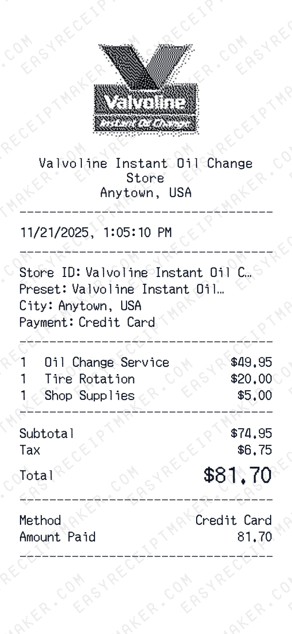 Valvoline Instant Oil Change receipt preview