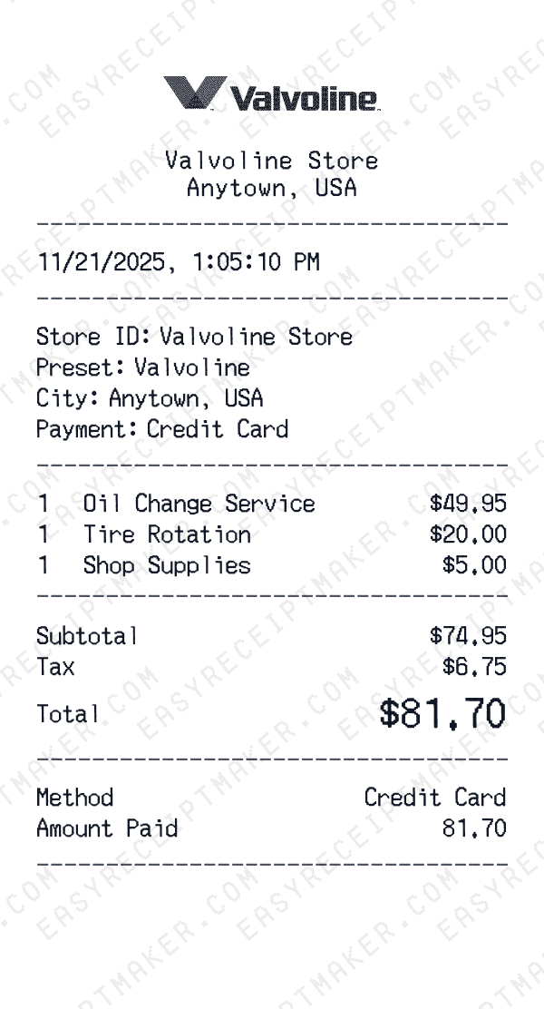 Valvoline receipt preview
