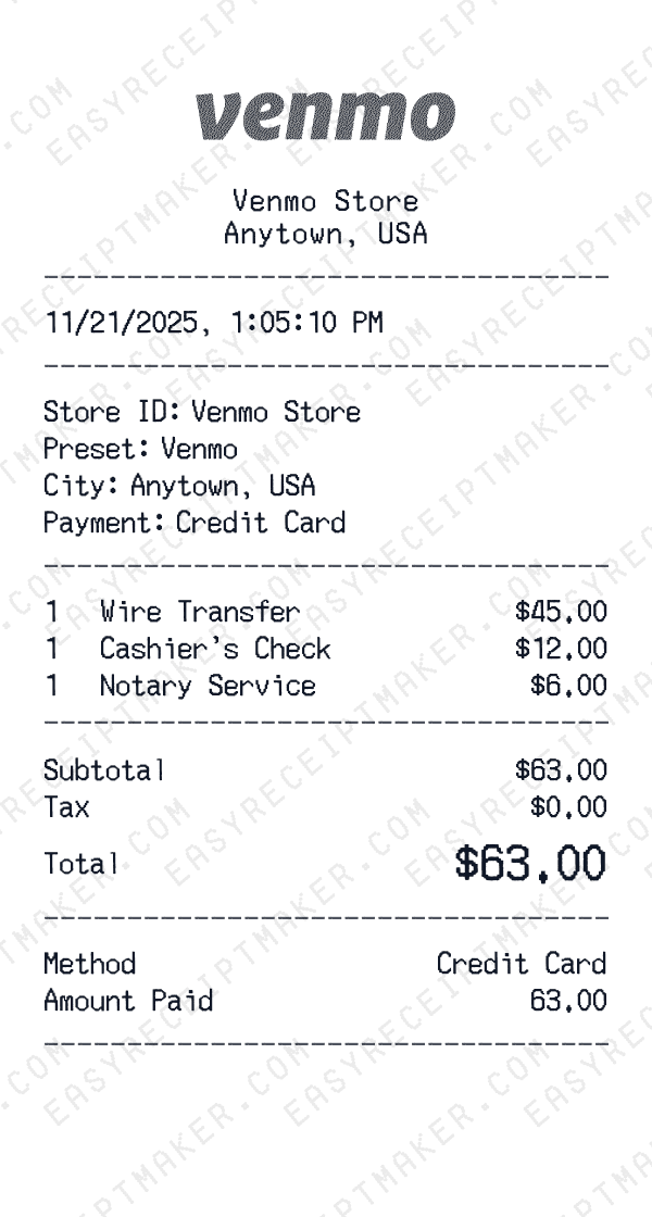 Venmo receipt preview