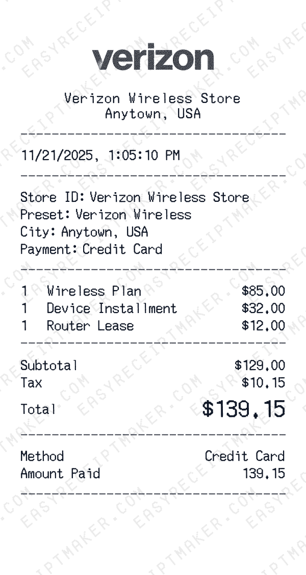 Verizon Wireless receipt preview
