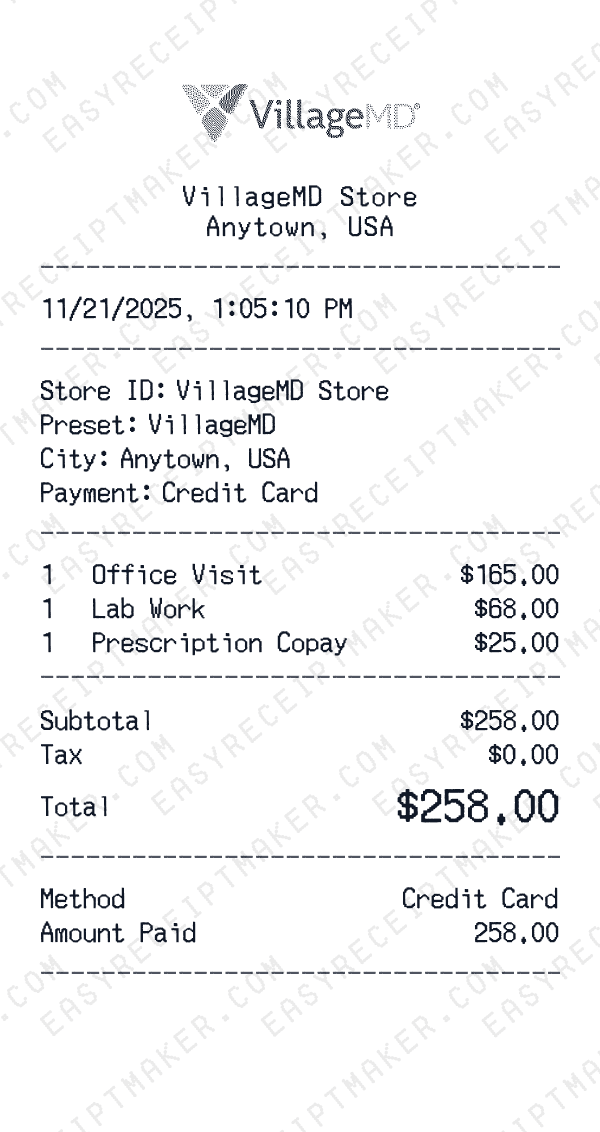 VillageMD receipt preview