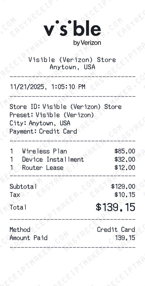 Visible (Verizon) receipt preview