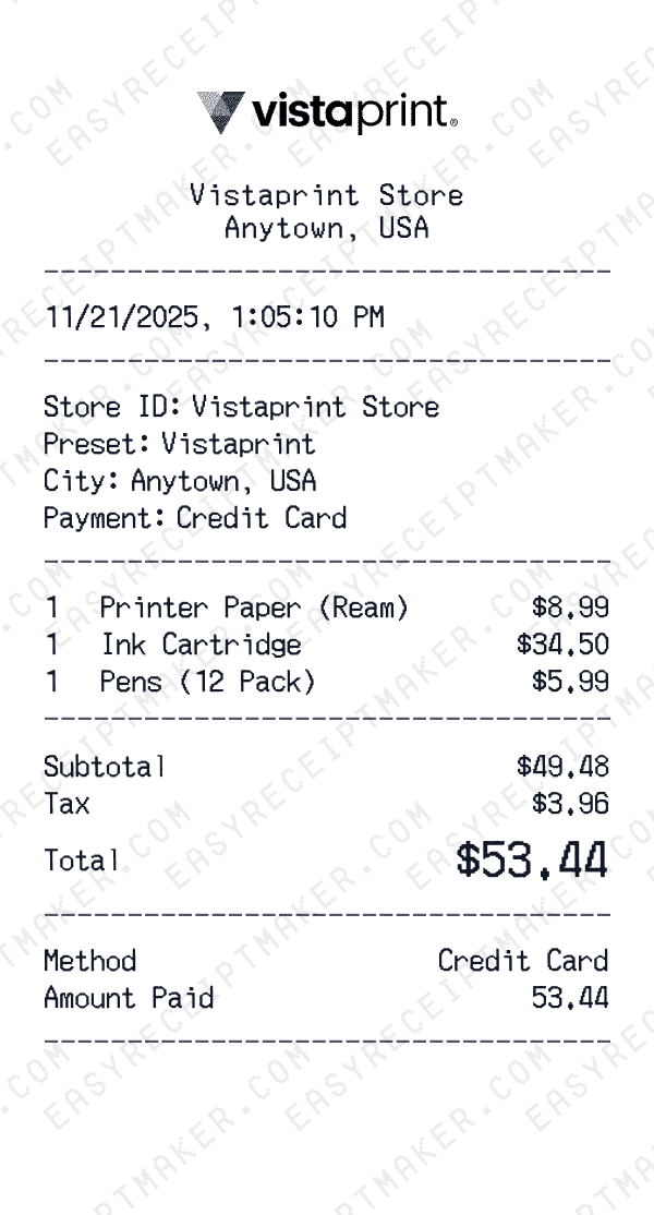 Vistaprint receipt preview