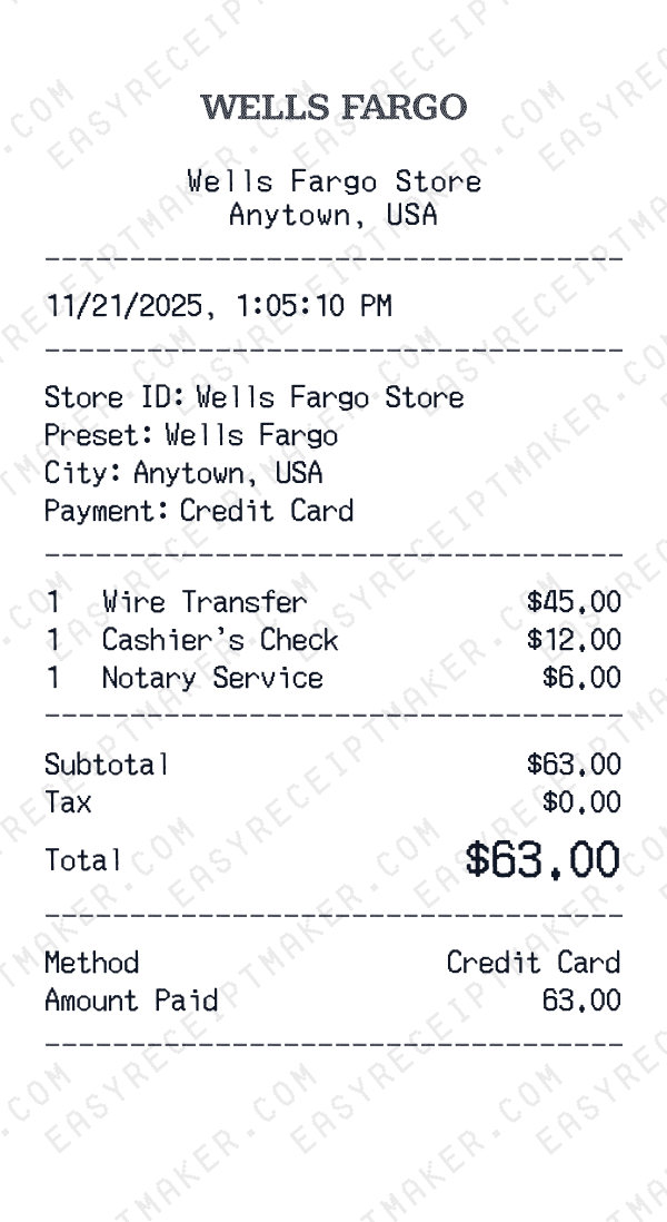Wells Fargo receipt preview