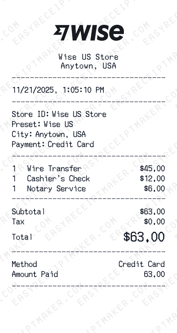Wise US receipt preview