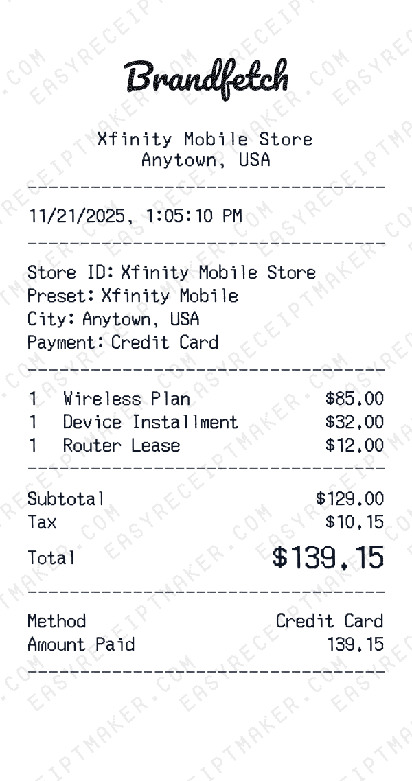 Xfinity Mobile receipt preview