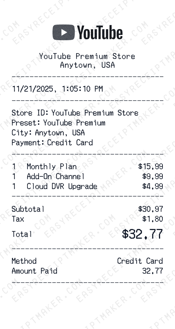 YouTube Premium receipt preview