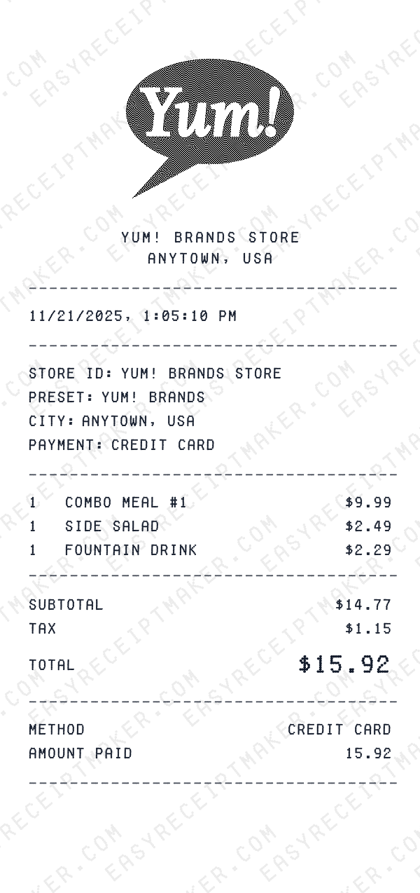 Yum! Brands receipt preview