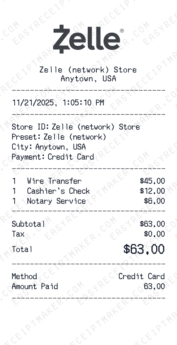 Zelle (network) receipt preview