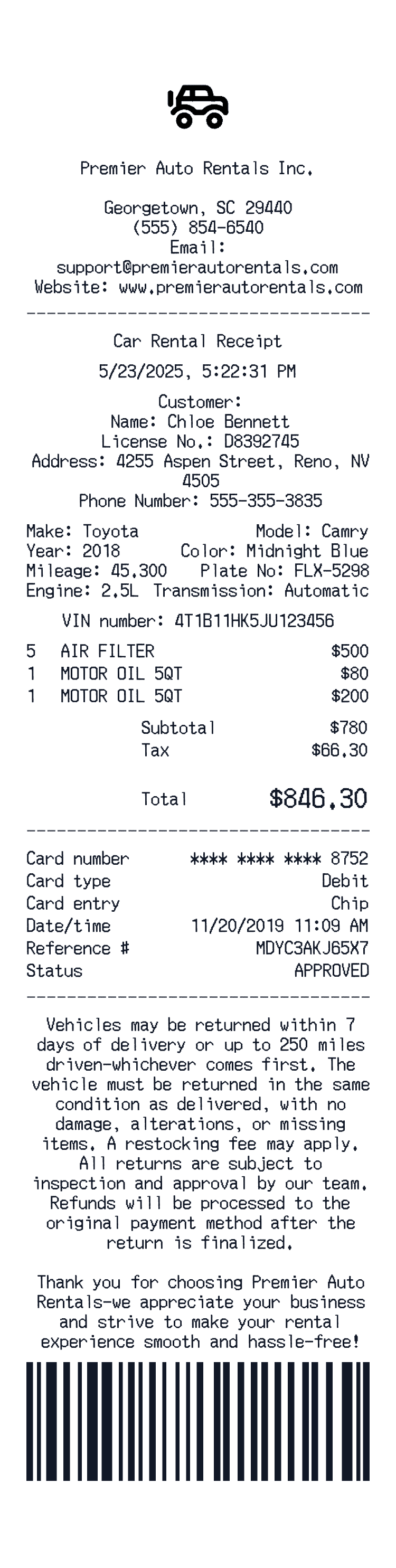 Generate Car Rental receipt · car rental