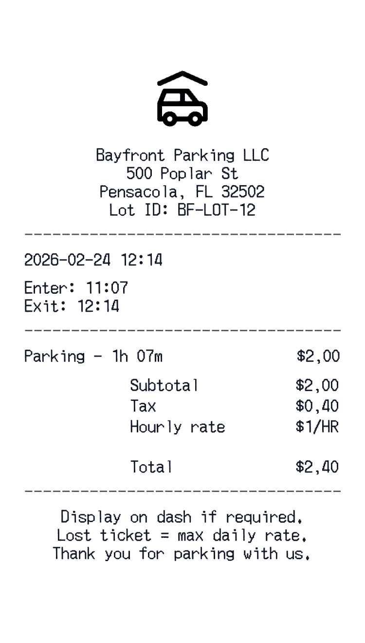 Generate Parking lot Receipt